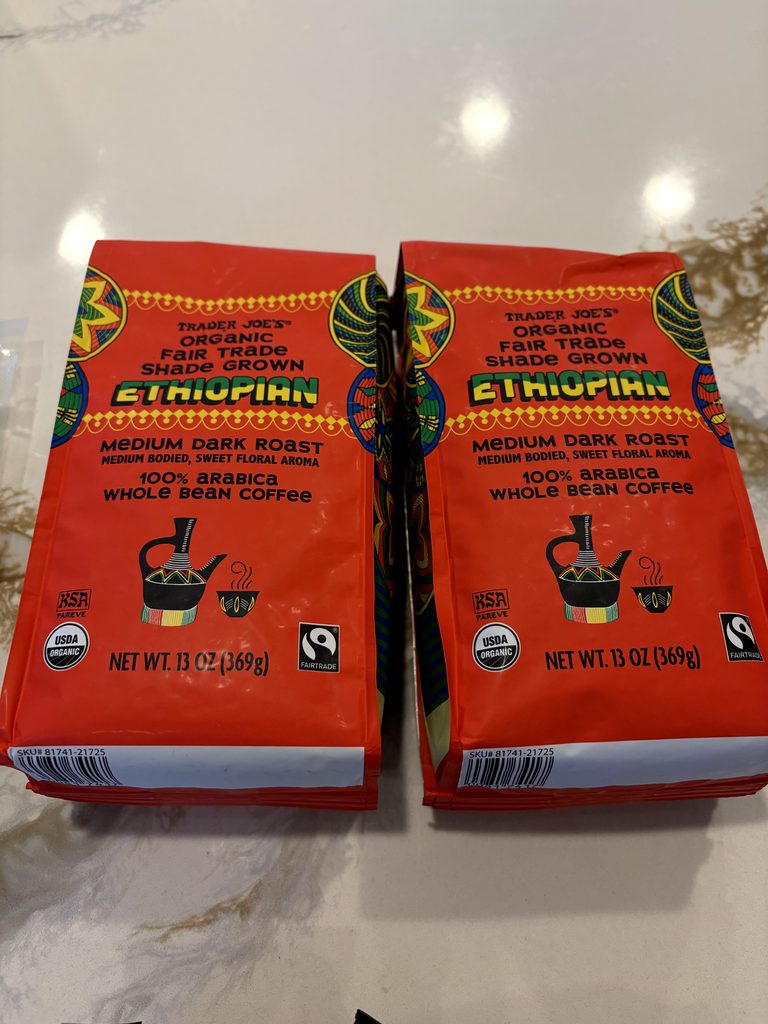 TRADER JOE'S ORGANIC FAIR TRADE SHADE GROWN ETHOPIAN MEDIUM DARK ROAST